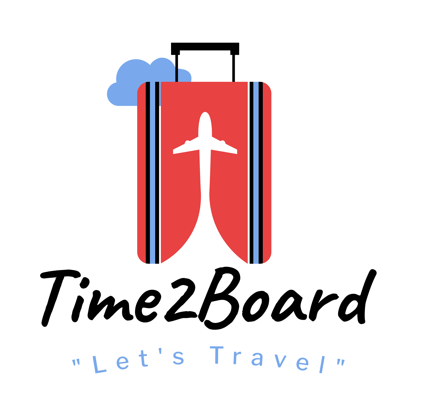 Stylized Time2Board Travel company logo showing a red suitcase opening to reveal an airplane silhouette, with a cloud above and the words &ldquo;Let&rsquo;s Travel&rdquo; below.