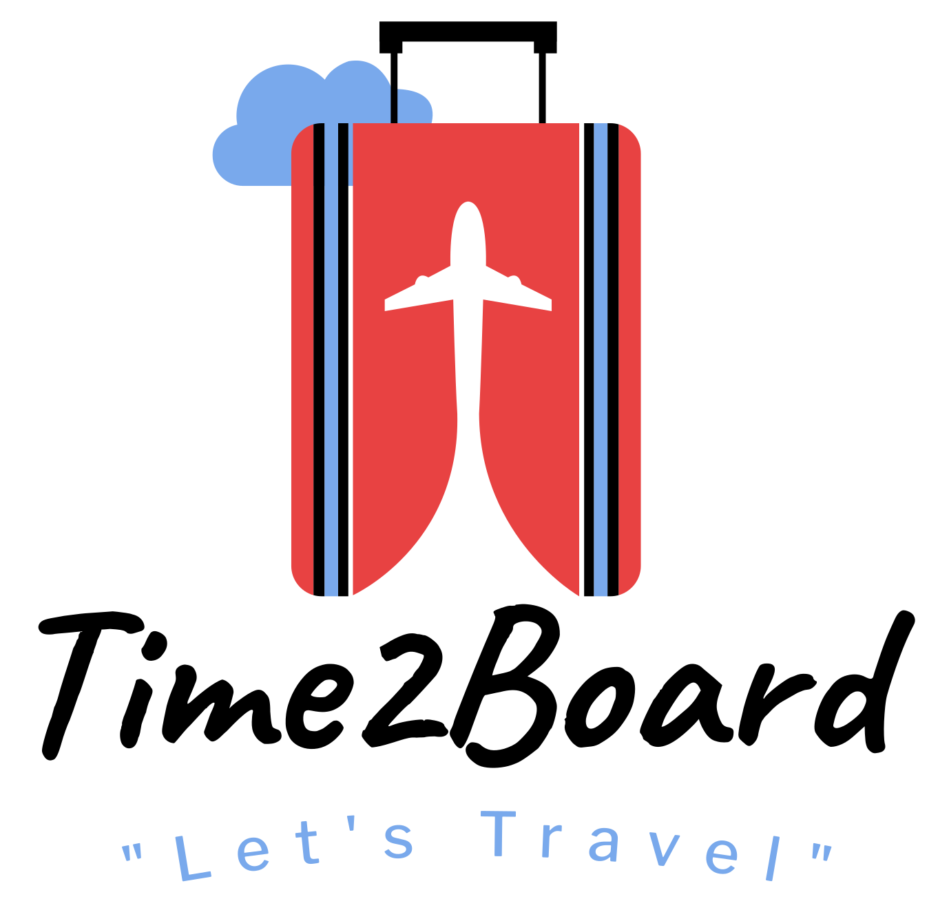 Stylized Time2Board Travel company logo showing a red suitcase opening to reveal an airplane silhouette, with a cloud above and the words “Let’s Travel” below.